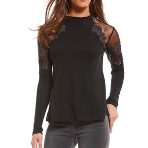 Free People Black Lace Sleeve Blouse
